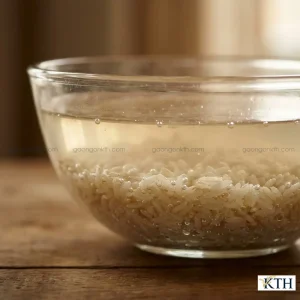 Ngâm gạo lứt trắng trong nước ấm 30 phút để kích hoạt mầm GABA và giúp cơm mềm dẻo hơn.