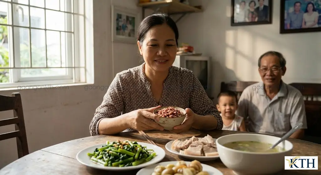 Người phụ nữ Việt Nam bị tiểu đường vui vẻ ăn cơm gạo lứt cùng gia đình với thực đơn nhiều rau xanh kiểm soát đường huyết.