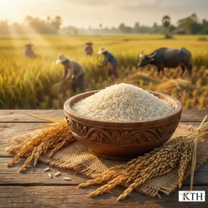 Gạo Malis giống lúa mùa 6 tháng Phka Rumduol trong bối cảnh đồng quê tự nhiên.