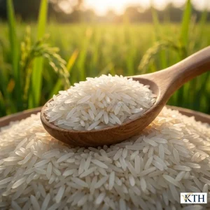 Muỗng gỗ đong đầy gạo tám thái Hom Mali tinh khiết với hậu cảnh cánh đồng lúa mùa, khẳng định nguồn gốc xuất xứ Thái Lan và quy trình canh tác lúa nước an toàn vệ sinh thực phẩm.