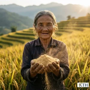 Bà cụ nông dân Việt Nam nâng niu nắm tinh cám gạo nguyên chất màu vàng óng giữa cánh đồng lúa chín, thể hiện nguồn gốc tự nhiên.