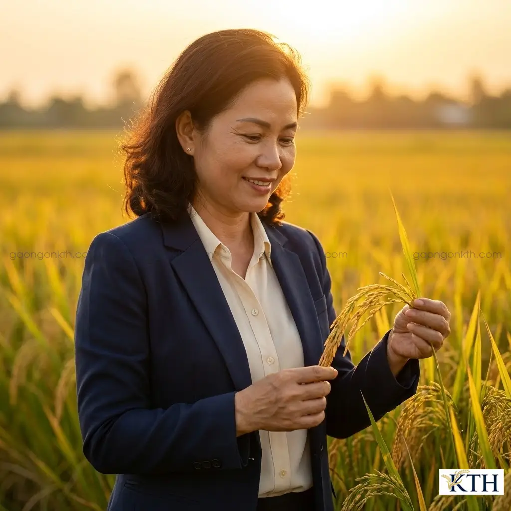 Chuyên gia Gạo Ngon KTH kiểm tra chất lượng lúa OM 6976 tại vùng nguyên liệu