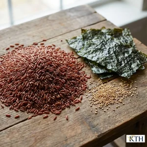 Nguyên liệu làm gạo lứt sấy rong biển gồm gạo lứt huyết rồng nguyên cám và rong biển Nori tự nhiên giàu I-ốt.