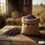Gạo ST Tím lúa tím than Sóc Trăng nguyên cám trong bao bố và bó bông lúa thảo dược.