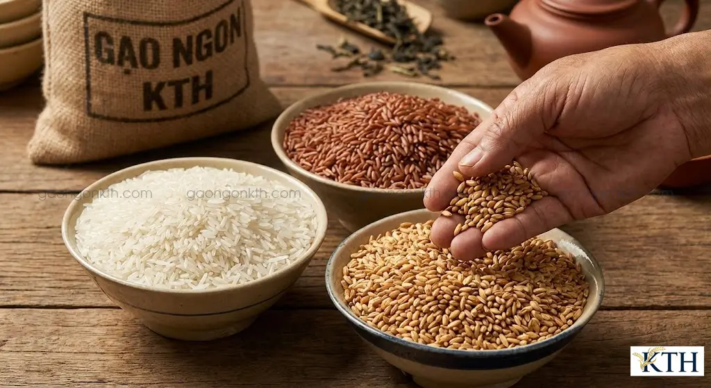 Nguyên liệu gạo Việt Nam chất lượng cao gồm gạo ST25, gạo lứt huyết rồng sống và gạo đã rang vàng chuẩn bị pha chế trà sữa.