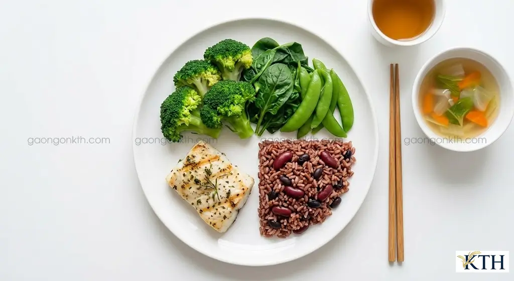 Thực đơn mẫu đĩa cơm cho người tiểu đường theo nguyên tắc 50% rau xanh, 25% chất đạm và 25% cơm gạo lứt ăn sau cùng.