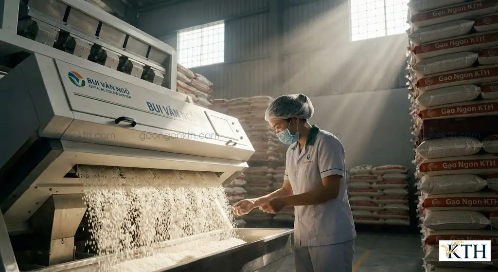 Bên trong nhà máy xay xát gạo hiện đại công suất lớn của Hoàng Giao KTH tại Cần Thơ với công nghệ tách màu tiên tiến.