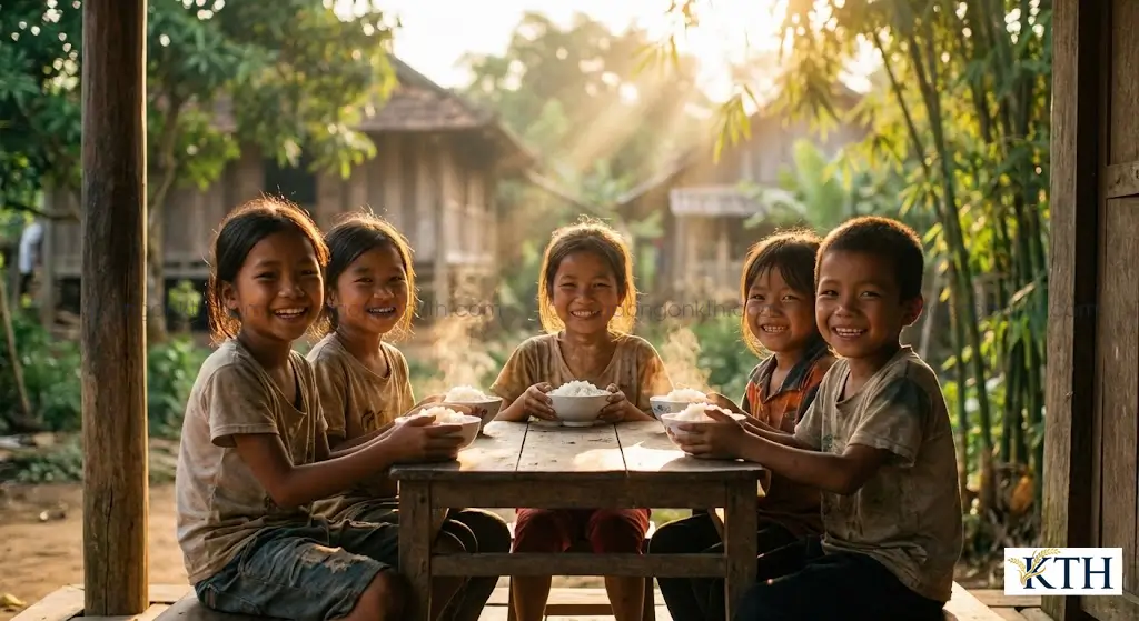Niềm vui của trẻ em nghèo khi nhận được những bát cơm ngon từ gạo từ thiện.