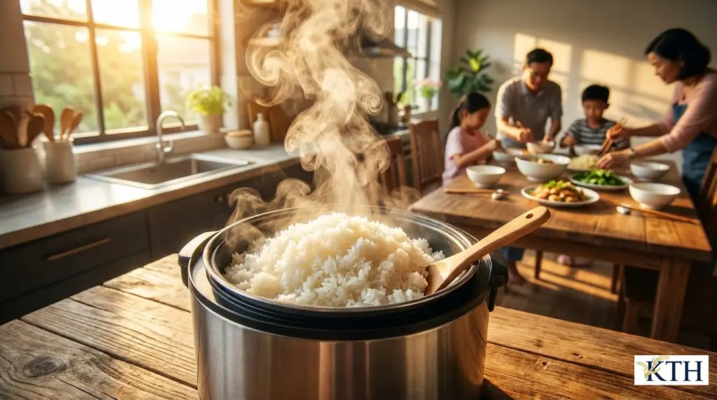 Nồi cơm điện nấu gạo thơm thái lan chín tới hạt cơm nở đều trắng ngần và bốc khói nghi ngút.