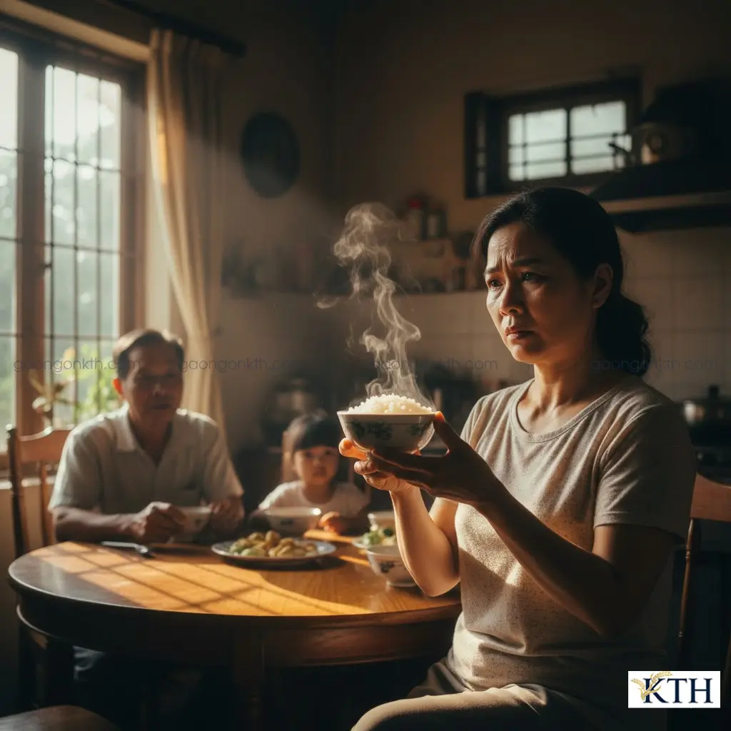 Người phụ nữ Việt Nam lo lắng kiểm tra bát cơm nghi là gạo giả chứa nhựa trên mâm cơm gia đình.