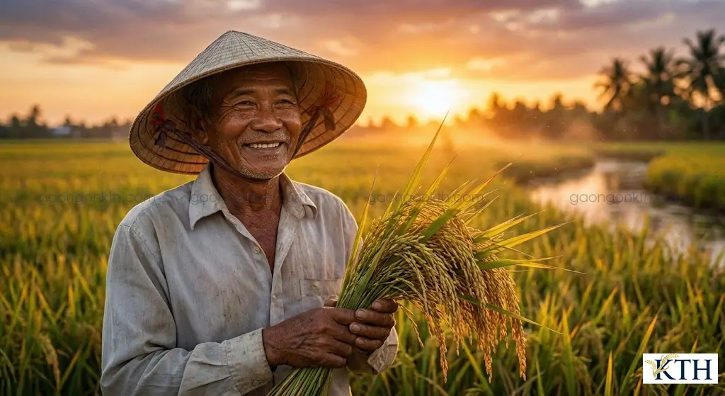 Lão nông dân miền Tây cười rạng rỡ bên cánh đồng lúa OM34 chín vàng, bông lúa trĩu hạt năng suất cao tại Đồng bằng sông Cửu Long.