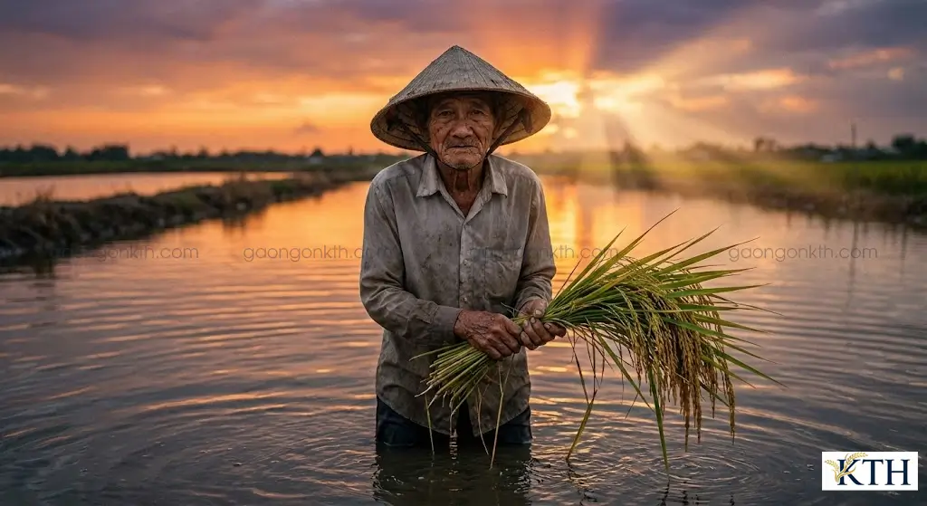 Lão nông dân miền Tây đứng giữa cánh đồng mô hình lúa tôm sinh thái tại Kiên Giang, tay cầm bó lúa mùa 6 tháng Kro-Ob sắp thu hoạch vào lúc hoàng hôn.
