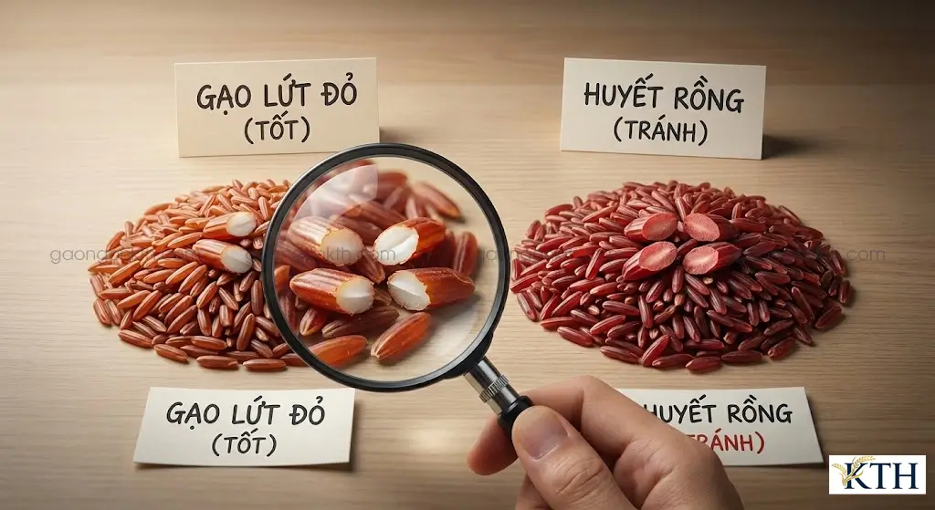 Cách phân biệt gạo lứt đỏ và gạo huyết rồng: Gạo lứt đỏ bẻ đôi có lõi trắng, gạo huyết rồng bẻ đôi có lõi đỏ và chỉ số đường huyết cao.