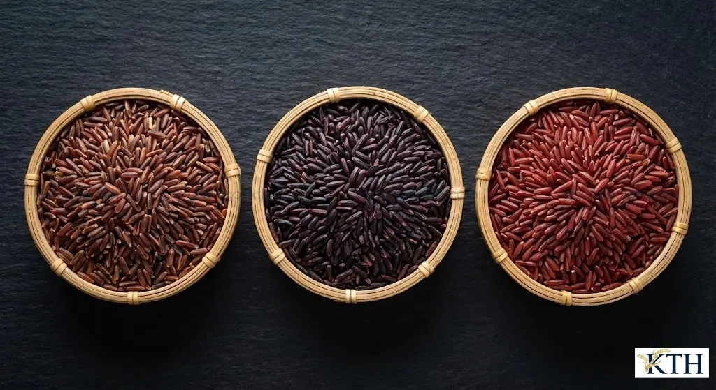 Phân biệt hình ảnh các loại gạo lứt đỏ, gạo lứt tím than và gạo huyết rồng.