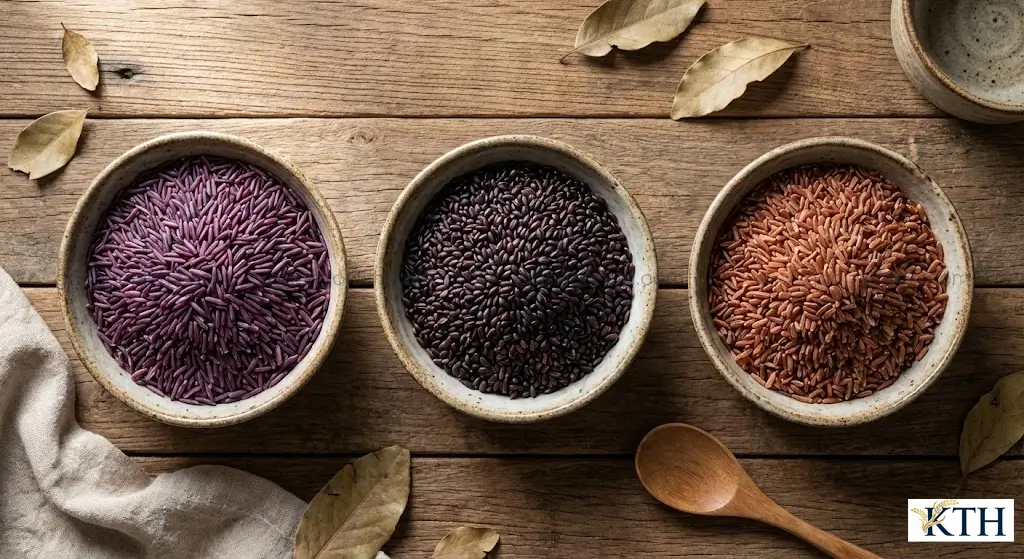 So sánh sự khác biệt về hình dáng và màu sắc giữa gạo nương tím, gạo nếp cẩm và gạo lứt đỏ.