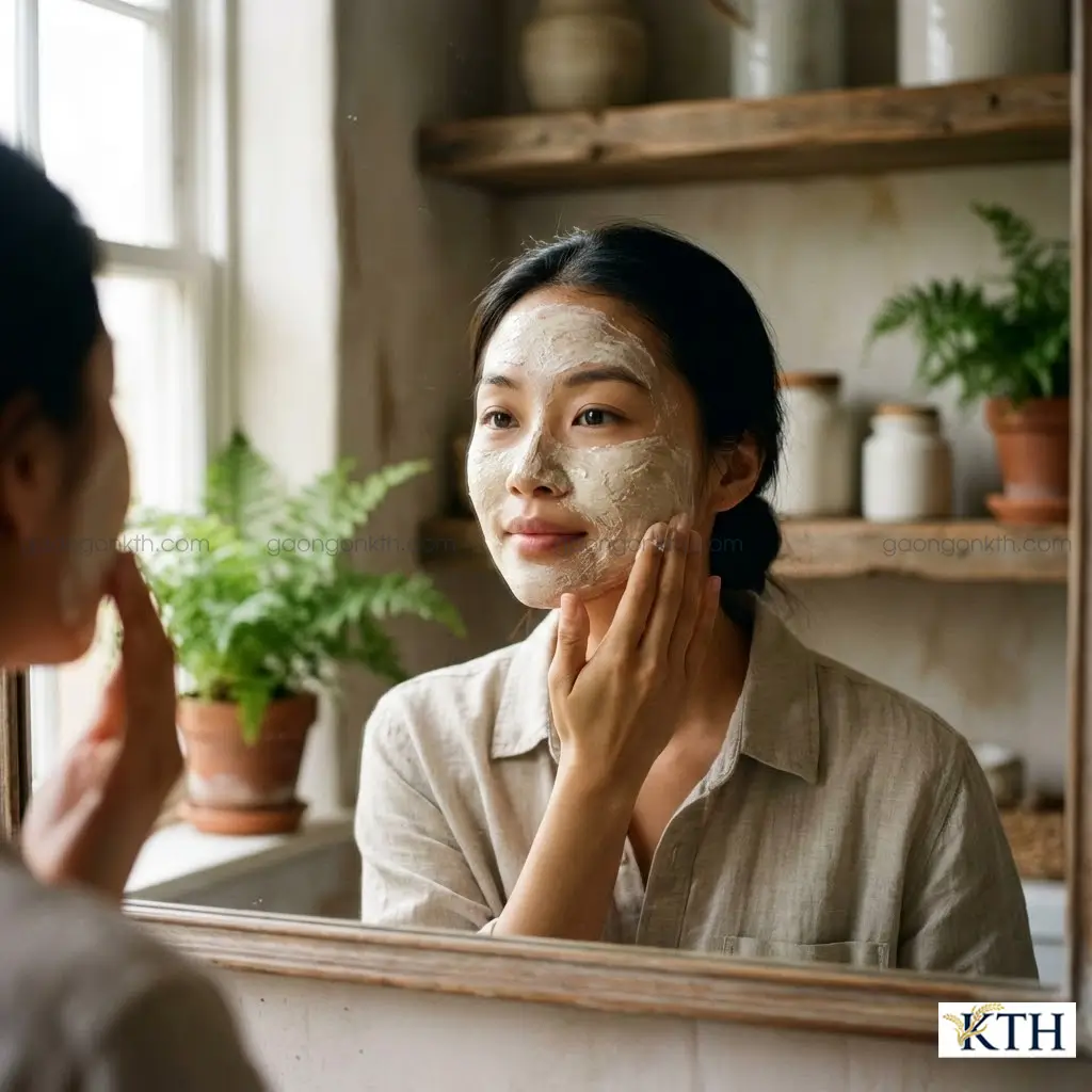 Phụ nữ Việt Nam đang thoa mặt nạ cám gạo nguyên chất mịn màng lên da mặt trong không gian spa tại nhà thư giãn.