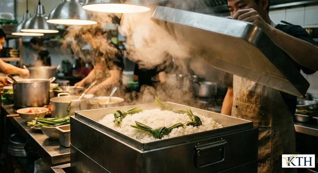 Phương pháp hấp cơm tấm cách thủy bằng xửng công nghiệp kèm lá dứa cho quán ăn kinh doanh.