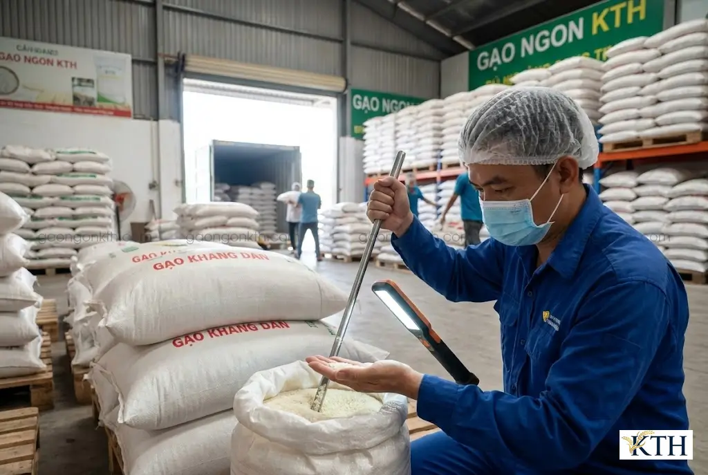 Nhân viên kiểm soát chất lượng của Gạo Ngon KTH đang thực hiện quy trình lấy mẫu và kiểm tra gạo Khang Dân tại kho bãi đạt chuẩn trước khi giao cho khách hàng.