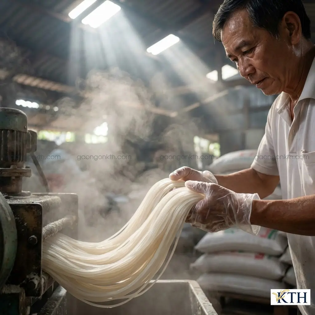 Quy trình sản xuất bún tươi từ gạo C10 cũ tại một lò bún truyền thống ở miền Tây Việt Nam, cho ra sợi bún trắng dai, bóng mượt và không bị gãy nát.