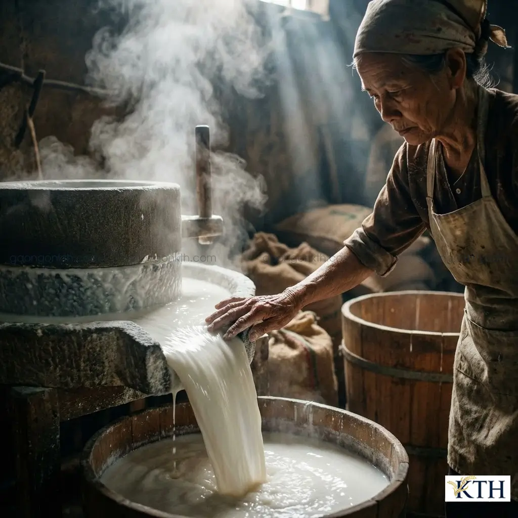 Quy trình xay bột nước từ Gạo Lài Bún, đảm bảo độ mịn và mát để sợi bún không bị bở nát.