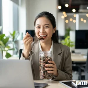 Nhân viên văn phòng ăn gạo lứt sấy rong biển vào bữa phụ chiều giúp no lâu và kiểm soát cân nặng hiệu quả.