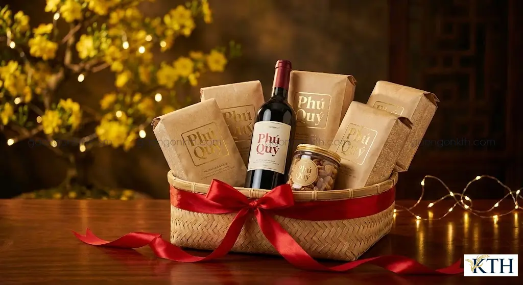 Set quà tết gạo ngon Phú Quý đóng gói sang trọng trong giỏ mây tre đan kèm rượu vang, phù hợp biếu đối tác doanh nghiệp 2025.