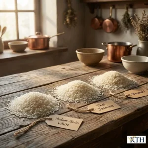 Bức ảnh nghệ thuật so sánh ba loại gạo: gạo tẻ hạt vừa, gạo thơm Thái Lan hạt dài và gạo Basmati hạt siêu dài, được bày trên bàn gỗ với ánh sáng điện ảnh và hậu cảnh bếp mờ.