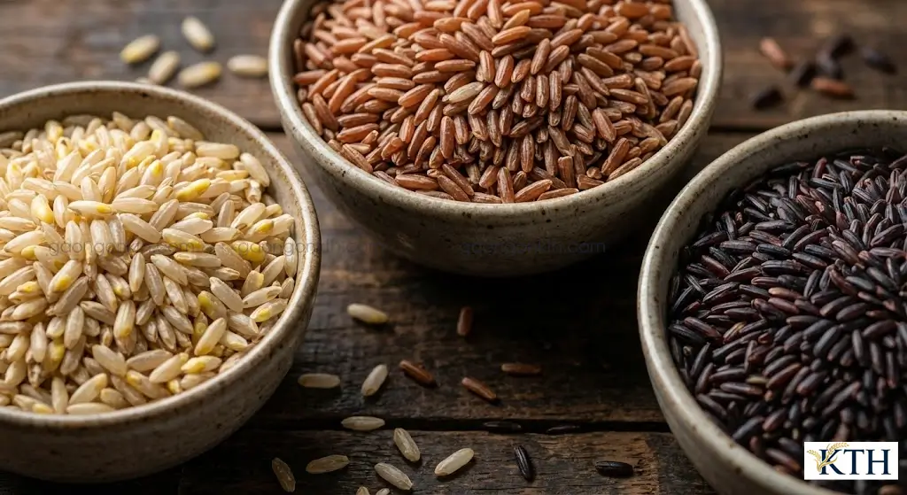 Hình ảnh so sánh cận cảnh ba loại gạo tốt cho người tiểu đường: gạo mầm Vibigaba, gạo lứt đỏ và gạo tím than nguyên cám.