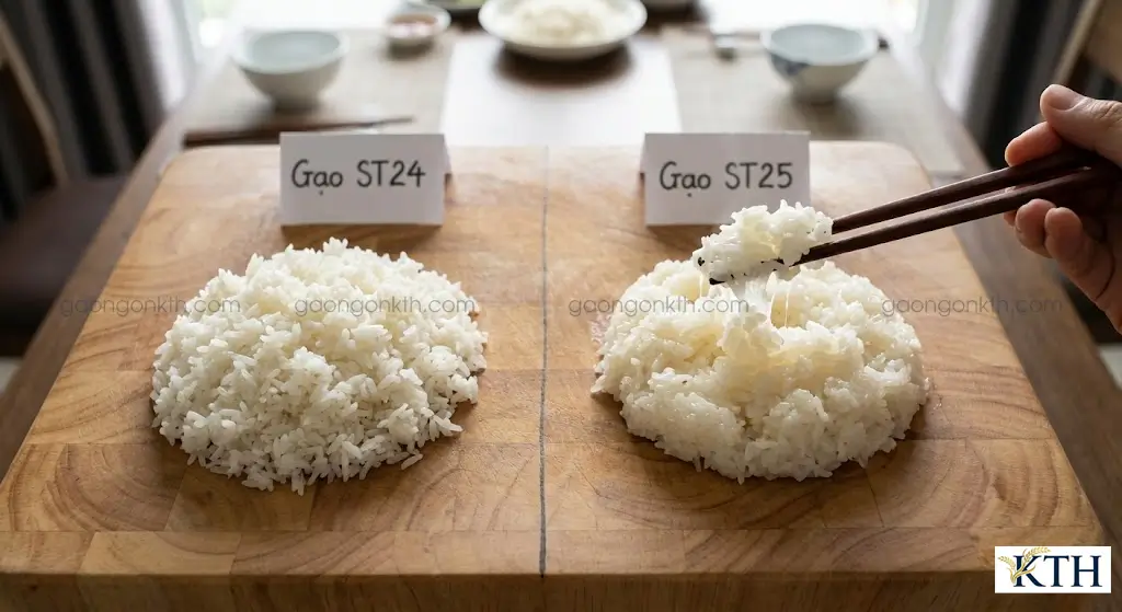 Hình ảnh so sánh độ dẻo của cơm gạo ST24 (tơi xốp hơn) và gạo ST25 (dẻo dính hơn) khi nấu chín.
