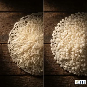 So sánh hình dáng gạo 2517 hạt dài và gạo 504 hạt bầu ngắn, phân biệt gạo xốp mềm và xốp khô.