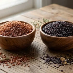 So sánh màu sắc và hình dáng gạo lứt huyết rồng và gạo lứt tím than Sóc Trăng.