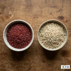 Hình ảnh so sánh màu sắc thực tế giữa gạo lứt đỏ huyết rồng và gạo lứt Séng Cù Tây Bắc xát dối màu nâu ngà.
