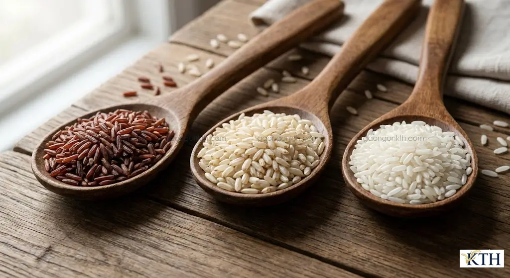 So sánh màu sắc gạo lứt trắng Nàng Hoa với gạo huyết rồng và gạo trắng, cách phân biệt gạo lứt chuẩn.