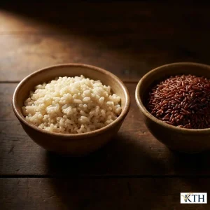 So sánh sự khác biệt giữa gạo lứt trắng dẻo mềm và gạo lứt đỏ khô cứng trên bàn gỗ.