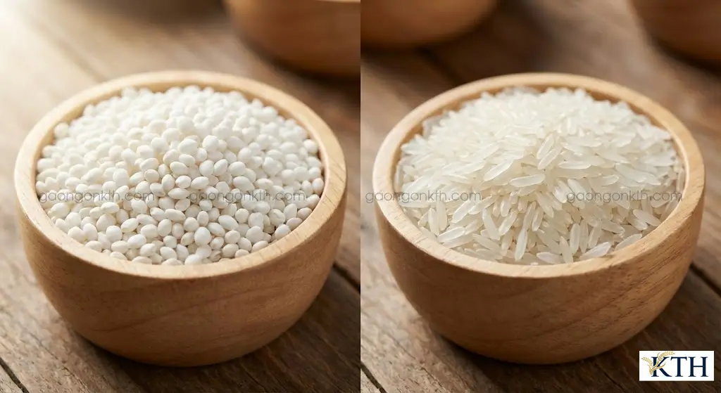 Phân biệt hạt gạo nếp (trắng đục, tròn) và gạo tẻ (trong, dài) qua màu sắc và hình dáng bên ngoài.