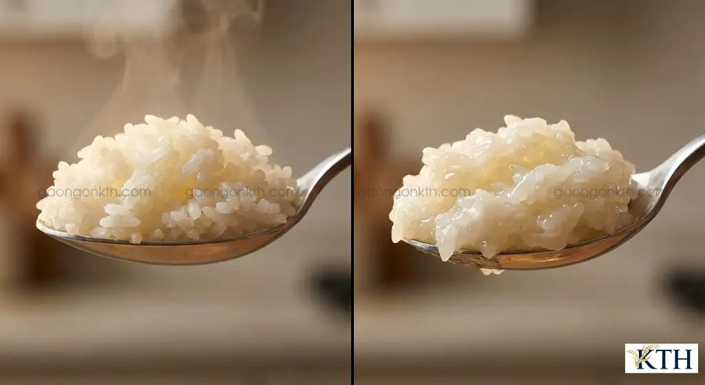 So sánh độ dẻo của cơm gạo ST21 và gạo ST25, gạo Long Lài dẻo vừa tơi xốp còn ST25 rất dẻo và mềm.