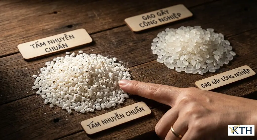 Hình ảnh so sánh cận cảnh sự khác biệt giữa gạo tấm nhuyễn tự nhiên có phôi mầm và gạo gãy công nghiệp.