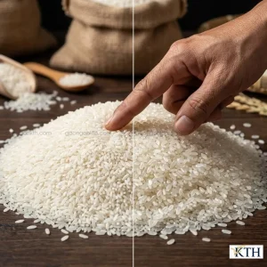 Hình ảnh so sánh sự khác biệt giữa gạo tấm Tài Nguyên (trắng đục, nở xốp) và gạo tấm thơm (trong suốt, dẻo).