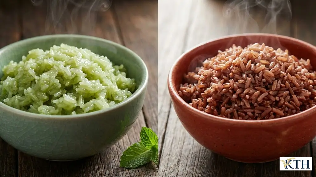 So sánh chi tiết sự khác biệt giữa cơm gạo Thái Xanh dẻo nhiều và cơm gạo Thái Đỏ tơi xốp sau khi nấu chín.