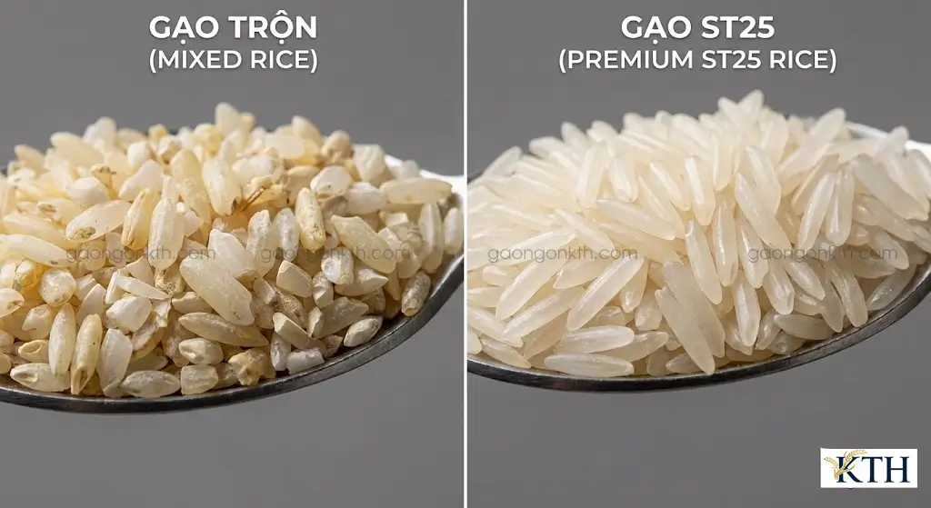 Hướng dẫn cách phân biệt gạo đấu trộn hạt ngắn dài và gạo ST25 thuần chủng đồng nhất.