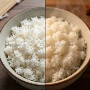 So sánh hạt cơm Gạo CL 555 nở xốp mềm (bên phải) và Gạo 504 nở khô cứng (bên trái) trên bàn ăn.