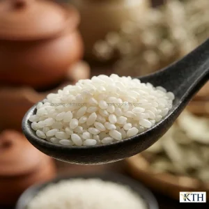 Cận cảnh hạt gạo Đài Loan VD20 ngắn tròn màu trắng đục phân biệt với gạo ST25