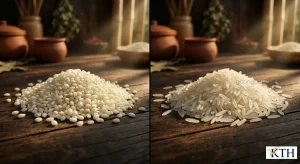 Hình ảnh so sánh chi tiết hạt gạo nếp cái hoa vàng tròn mẩy và nếp nhung thon dài trên nền gỗ.