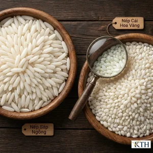 So sánh hình dáng hạt nếp sáp ngỗng hạt dài và nếp cái hoa vàng hạt tròn để phân biệt gạo ngon.
