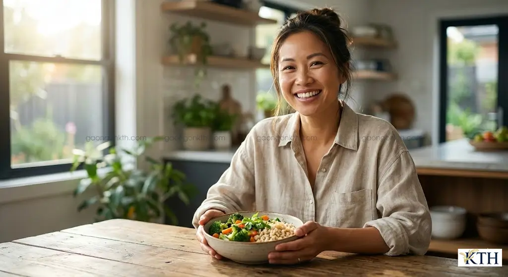 Phụ nữ Việt Nam ăn cơm gạo lứt Séng Cù hỗ trợ giảm cân và giữ dáng, tâm trạng vui vẻ thoải mái.
