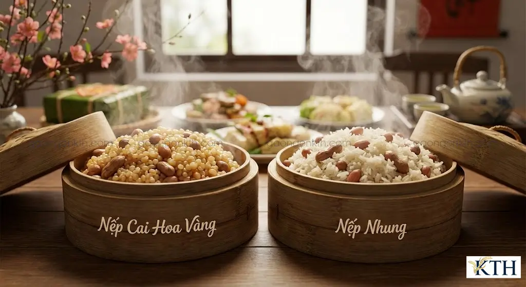 Kết quả test thực tế đồ xôi lạc bằng gạo nếp cái hoa vàng cho hạt bóng dẻo hơn so với nếp nhung.