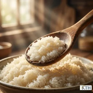 Một thìa gỗ đang xúc gạo nếp Thái chất lượng cao từ một đống gạo lớn