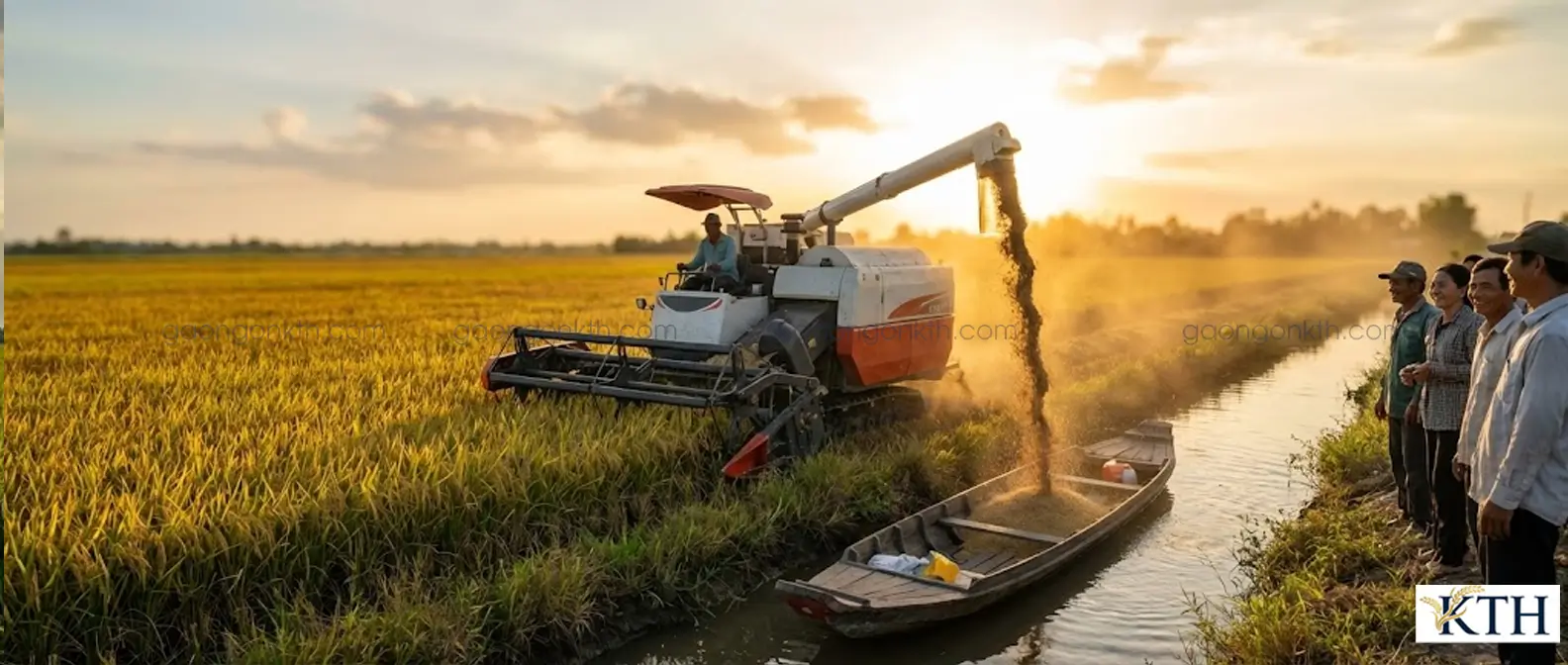 Cảnh thu hoạch lúa OM34 bằng máy gặt đập liên hợp trên cánh đồng lớn tại ĐBSCL, cho thấy năng suất cao và hiệu quả kinh tế.