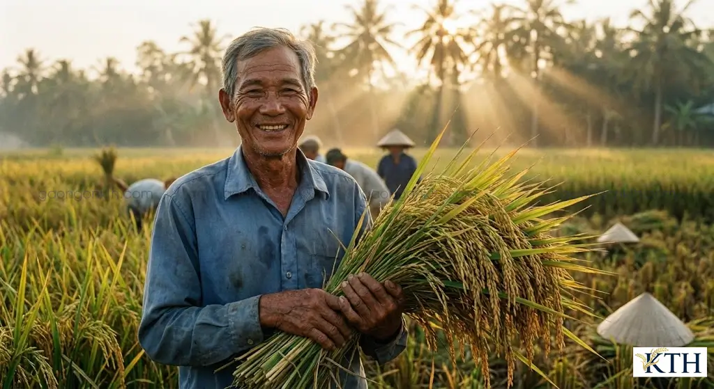 Nông dân Việt Nam phấn khởi thu hoạch lúa OM380 năng suất cao cứng cây chống đổ ngã tại Đồng bằng sông Cửu Long.