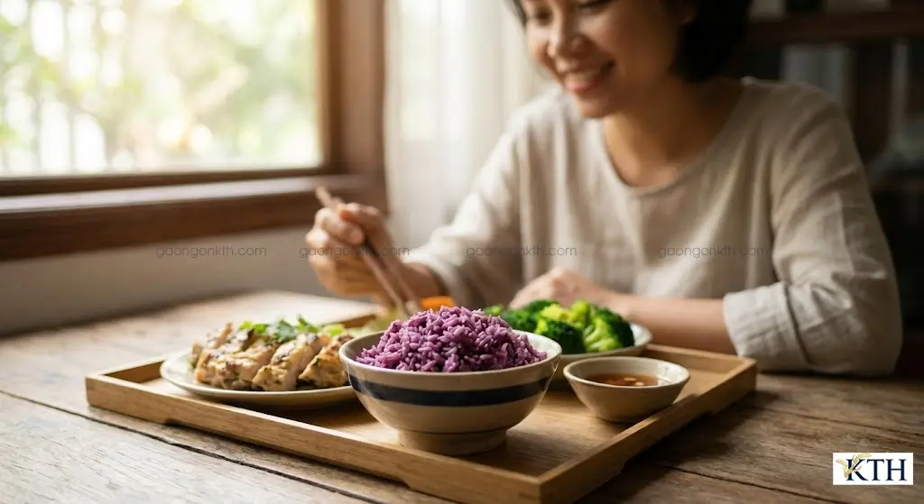 Thực đơn Eat Clean giảm cân với cơm gạo tím than, ức gà và rau củ luộc tốt cho người tiểu đường.